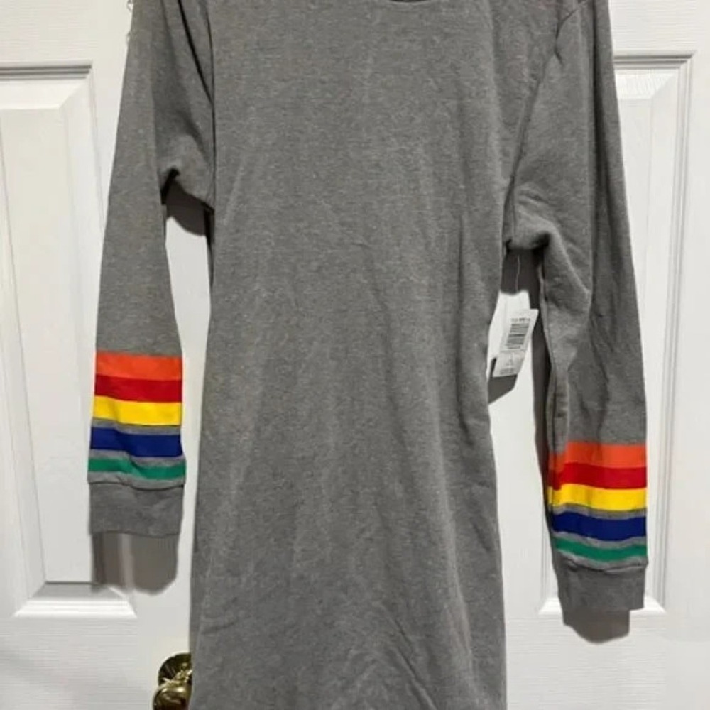 Torrid Gray Rainbow Stripe Sleeve Sweatshirt Dress Tie Waist Plus Size 1 NEW - Picture 2 of 4